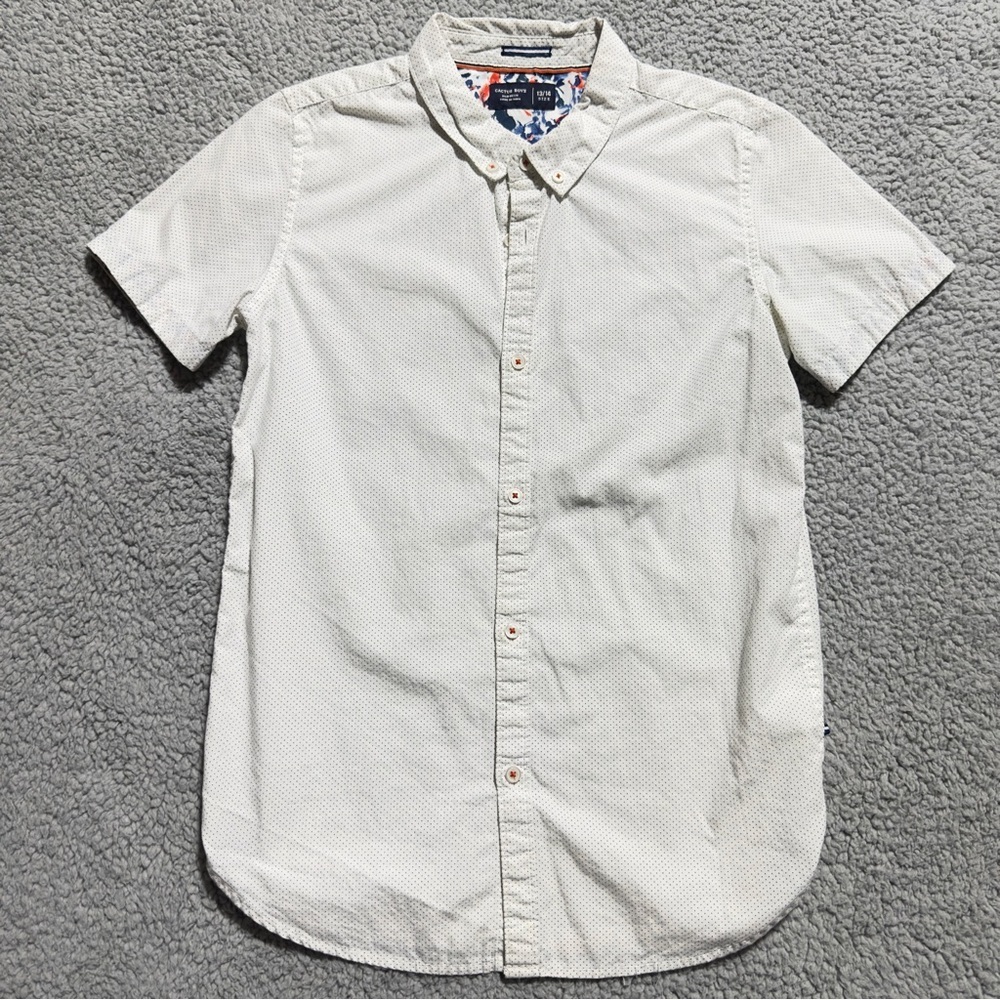 👉 Cactus Boys White Micro Dot Button Down Shirt Floral Detail Size 13/14